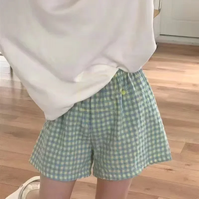 Summer Loose Shorts Thin Pajamas Cotton Women Shorts Women's Bottoms Soft Pants Plaid Print Spwear Pants Womens Pajama Pant