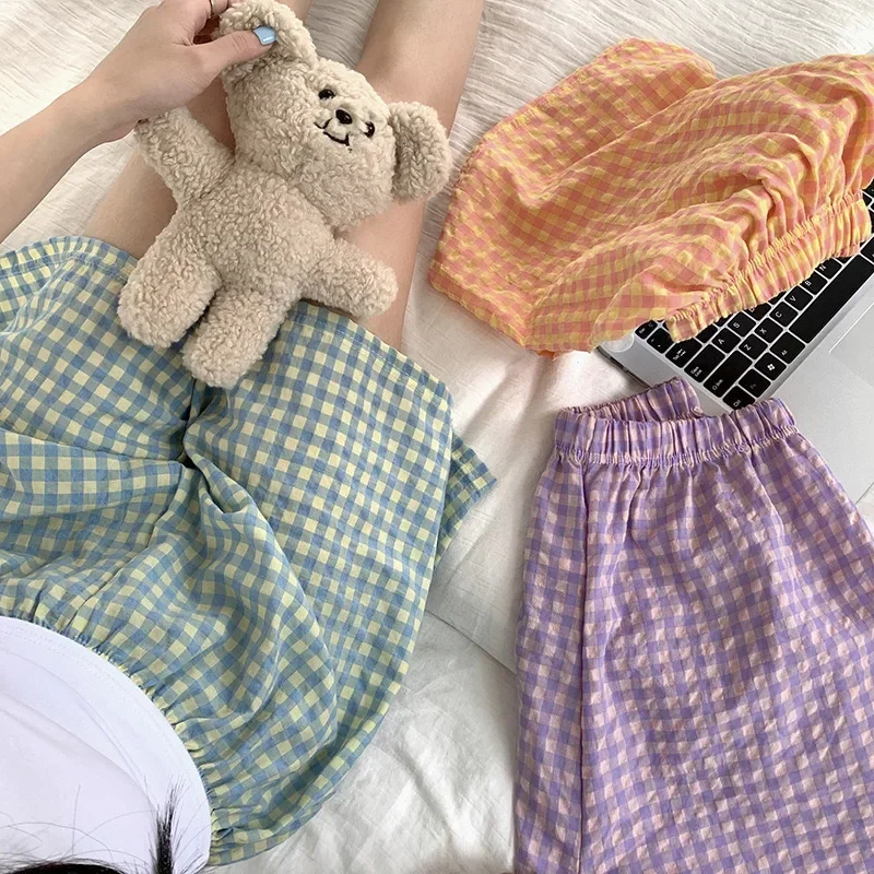 Summer Loose Shorts Thin Pajamas Cotton Women Shorts Women's Bottoms Soft Pants Plaid Print Spwear Pants Womens Pajama Pant