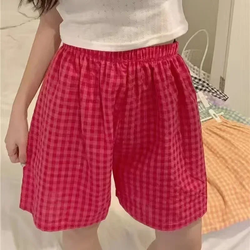 Summer Loose Shorts Thin Pajamas Cotton Women Shorts Women's Bottoms Soft Pants Plaid Print Spwear Pants Womens Pajama Pant