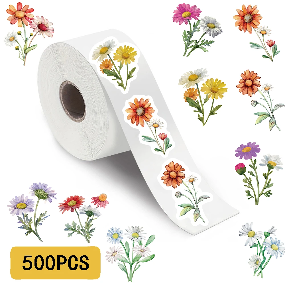 500PCS Daisy Wildflowers Roll Stickers Colorful Cartoon Painted Flowers Scrapbooking Coffee Phone Art Picture Luggage Sticker