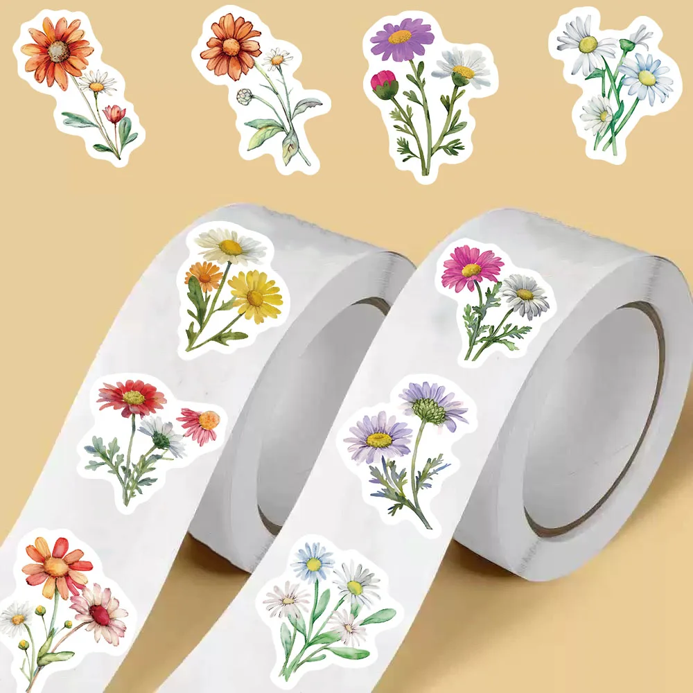 500PCS Daisy Wildflowers Roll Stickers Colorful Cartoon Painted Flowers Scrapbooking Coffee Phone Art Picture Luggage Sticker