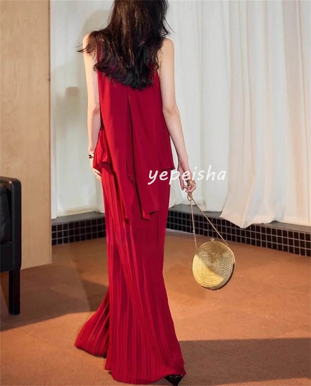 Customized Fashion Sexy Chiffon Pleat Draped A-line High Collar Long Dresses Bespoke Occasion Dresses Sizes Available Classic