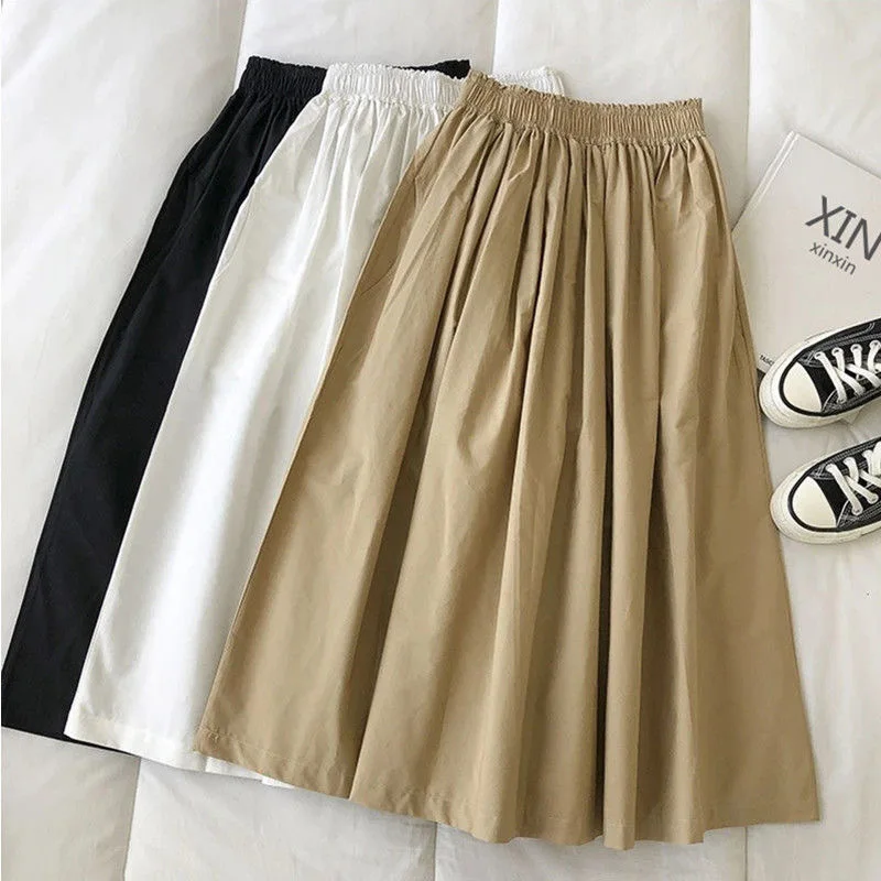 Women's White Long Skirt High Waist A-Line Knee-Length Fashion Pockets Pleated Casual Elegant Skirts for Autumn 2024