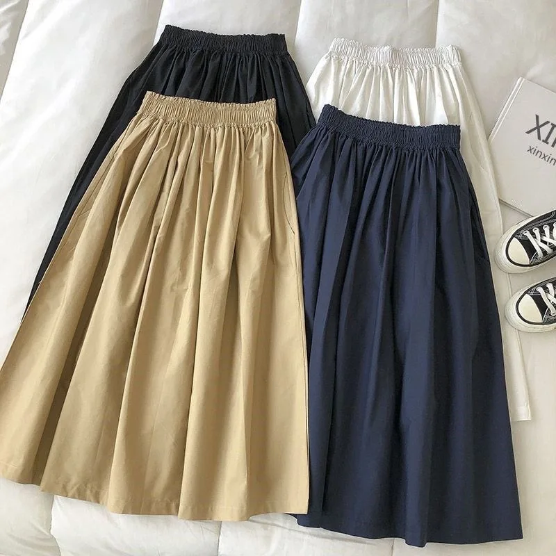 Women's White Long Skirt High Waist A-Line Knee-Length Fashion Pockets Pleated Casual Elegant Skirts for Autumn 2024