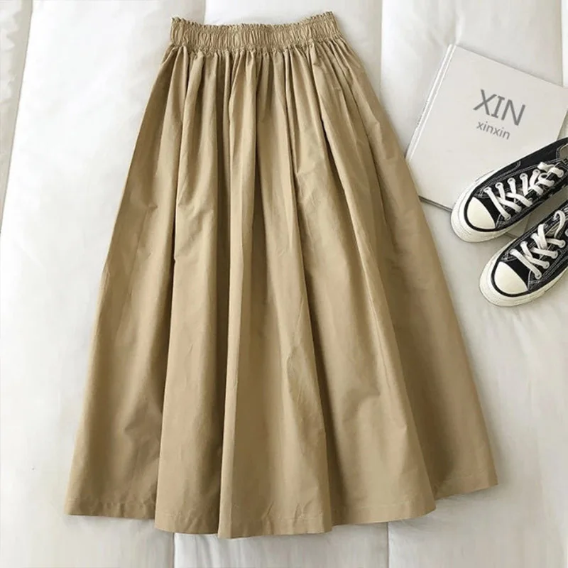 Women's White Long Skirt High Waist A-Line Knee-Length Fashion Pockets Pleated Casual Elegant Skirts for Autumn 2024