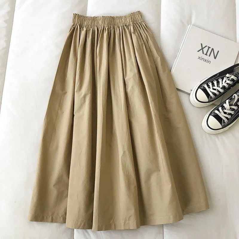 Women's White Long Skirt High Waist A-Line Knee-Length Fashion Pockets Pleated Casual Elegant Skirts for Autumn 2024