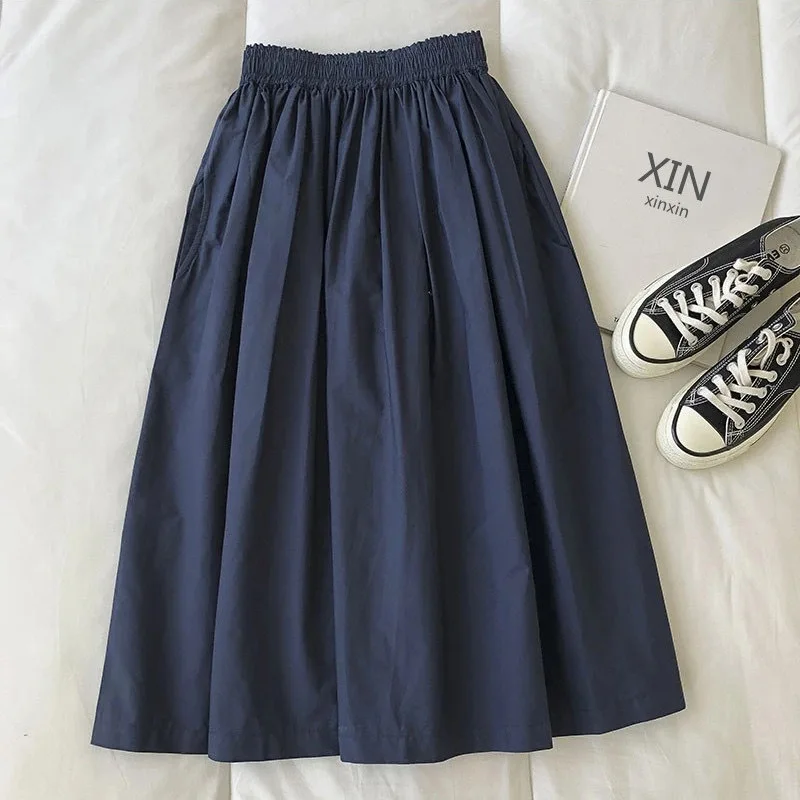 Women's White Long Skirt High Waist A-Line Knee-Length Fashion Pockets Pleated Casual Elegant Skirts for Autumn 2024