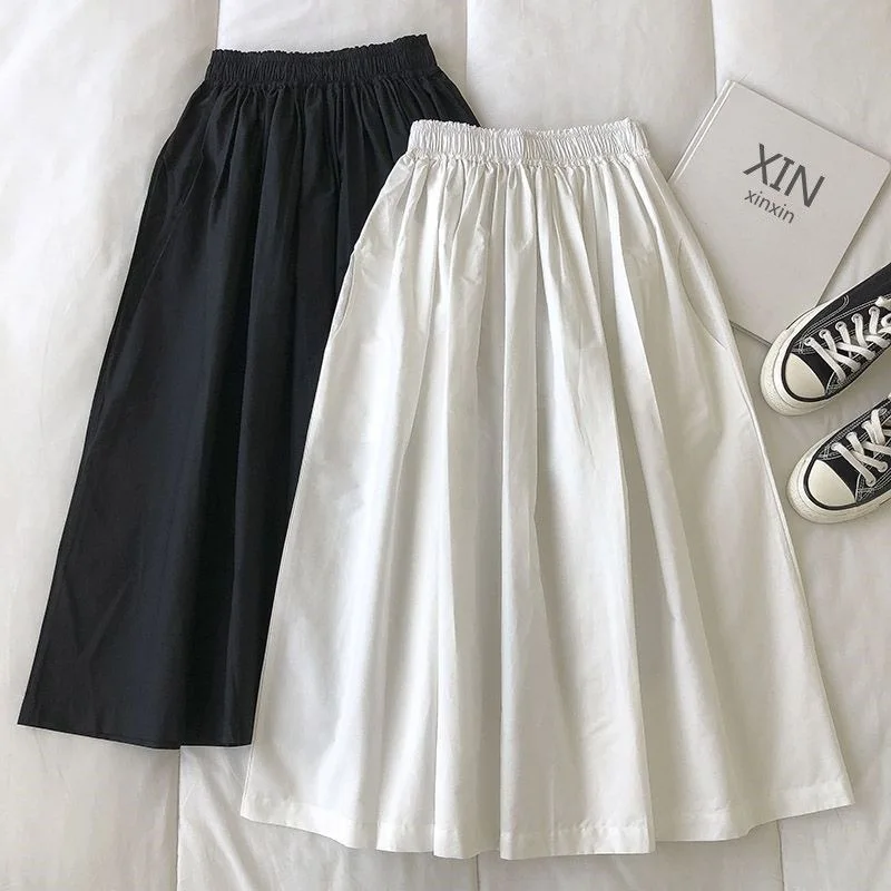 Women's White Long Skirt High Waist A-Line Knee-Length Fashion Pockets Pleated Casual Elegant Skirts for Autumn 2024