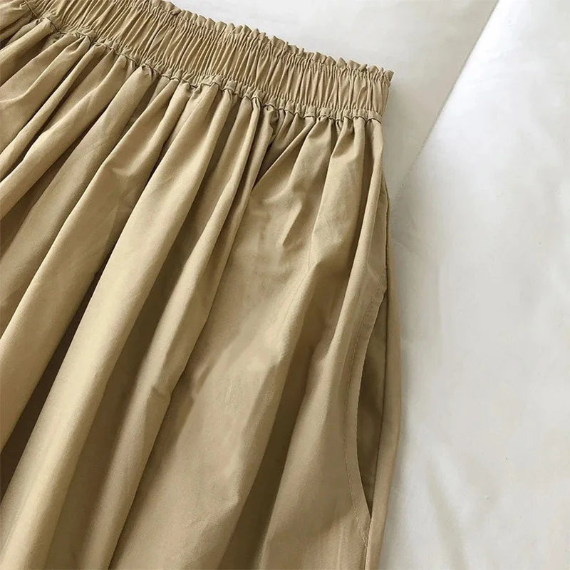 Women's White Long Skirt High Waist A-Line Knee-Length Fashion Pockets Pleated Casual Elegant Skirts for Autumn 2024