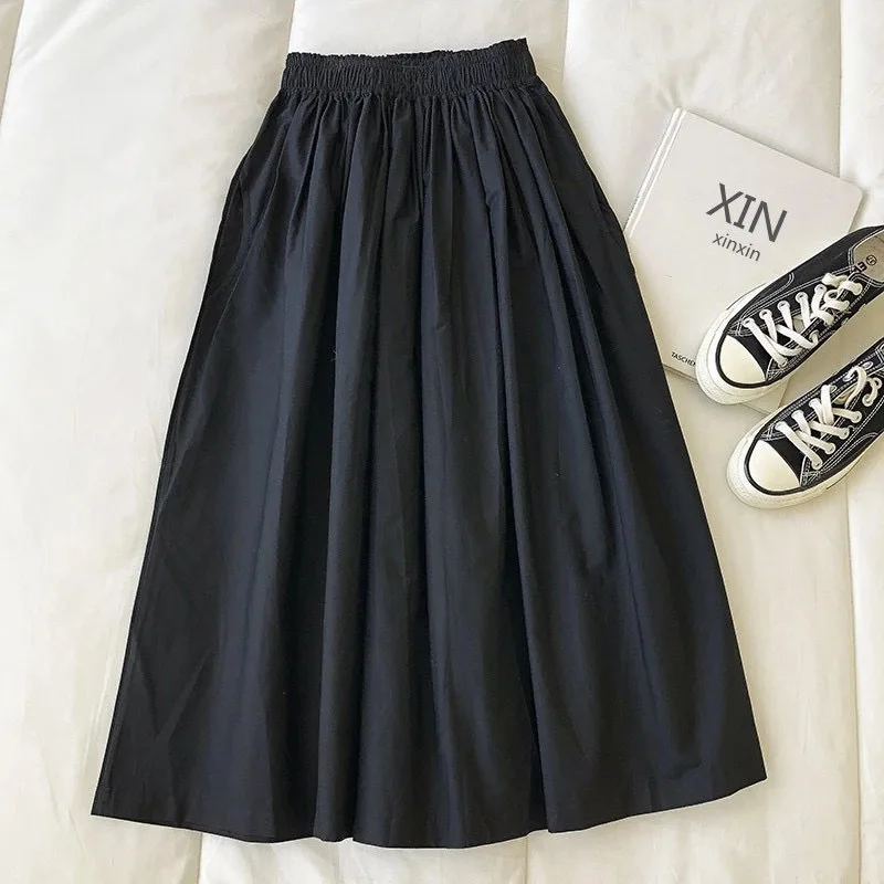 Women's White Long Skirt High Waist A-Line Knee-Length Fashion Pockets Pleated Casual Elegant Skirts for Autumn 2024