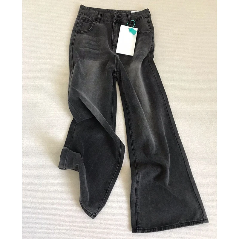 Lady Retro Black Gray High Waist Jeans Pants Women Fashion Straight Leg Denim Trousers Girls Loose Fit Thin Casual Pants