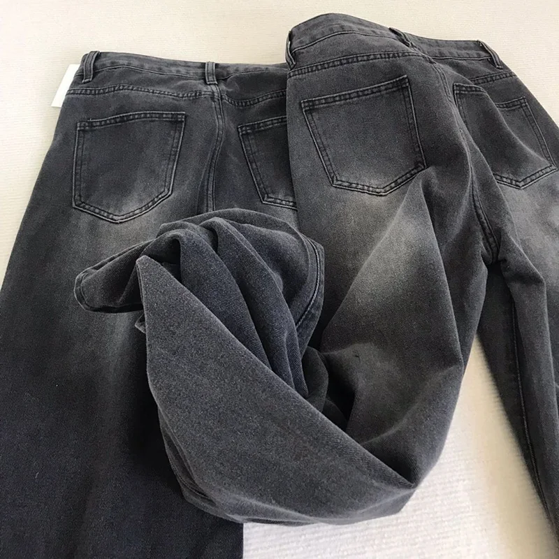 Lady Retro Black Gray High Waist Jeans Pants Women Fashion Straight Leg Denim Trousers Girls Loose Fit Thin Casual Pants