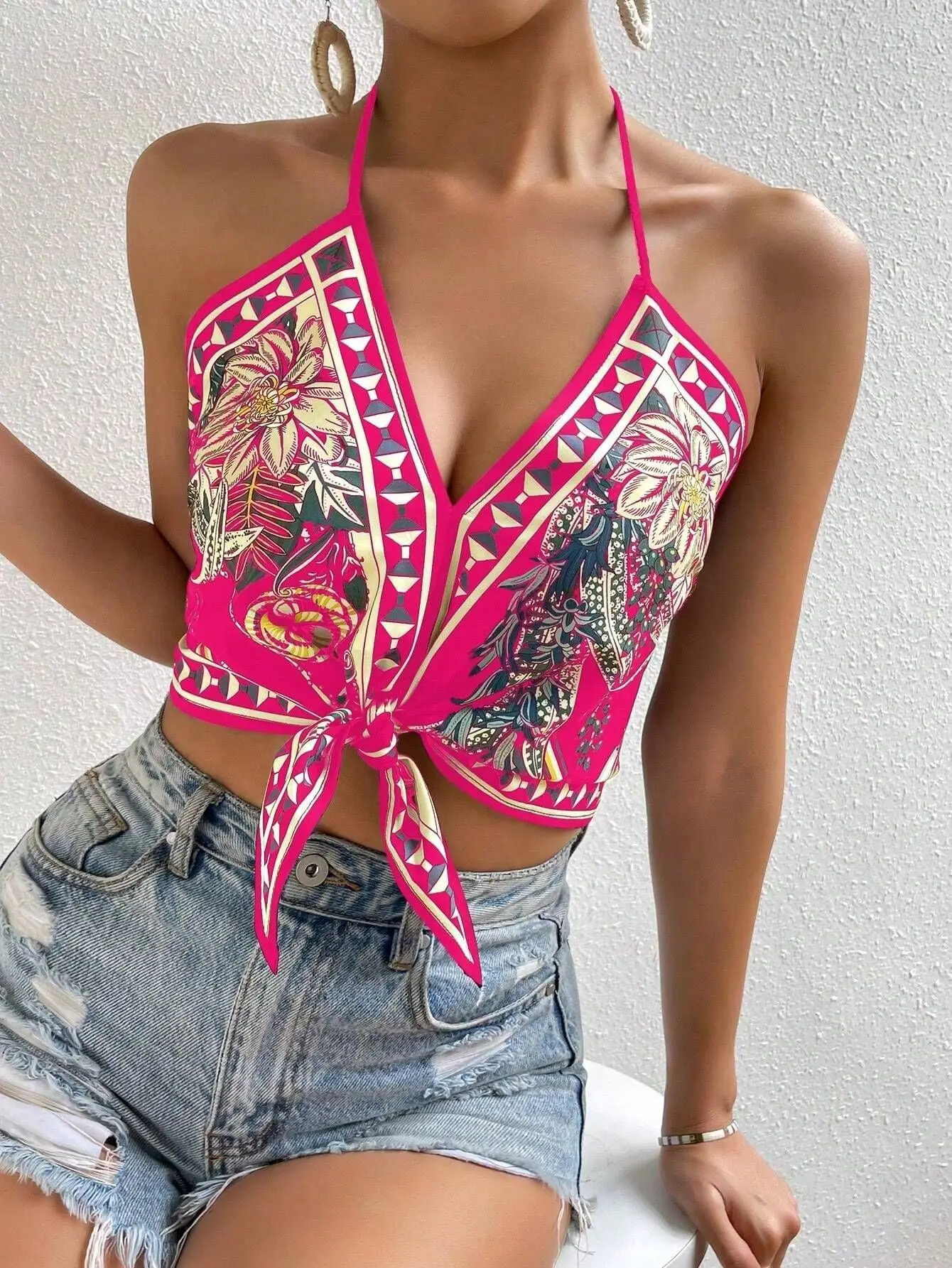 V Neck Backless Hanging Neck Suspender Women's Printed Sleeveless Top Summer Sexy Vacation T-Shirt