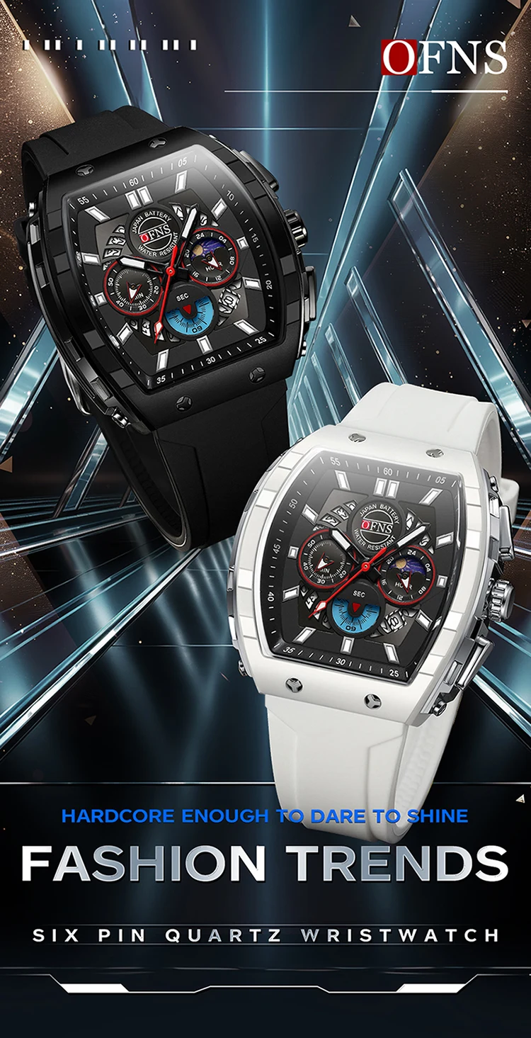 OFNS Fashion Quartz Watches for Man Luminous Waterproof Chronograph Calendar Silicone Strap Outdoor Luxury Sports Men Watch