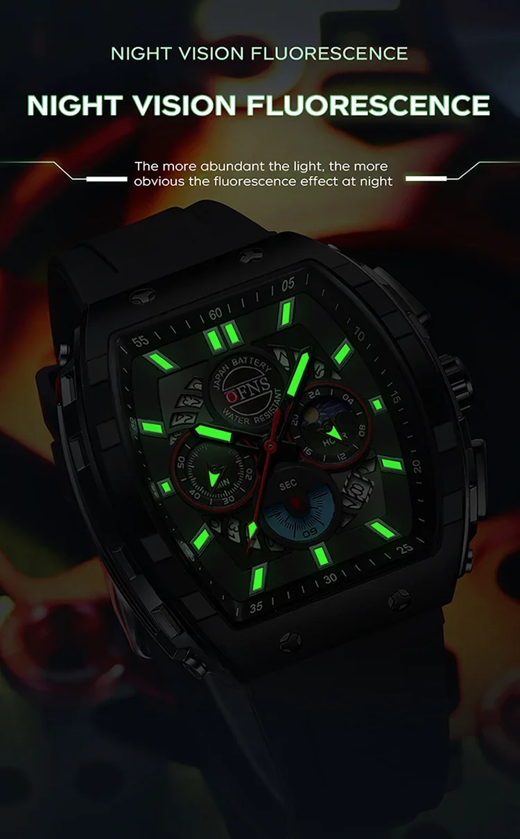 OFNS Fashion Quartz Watches for Man Luminous Waterproof Chronograph Calendar Silicone Strap Outdoor Luxury Sports Men Watch