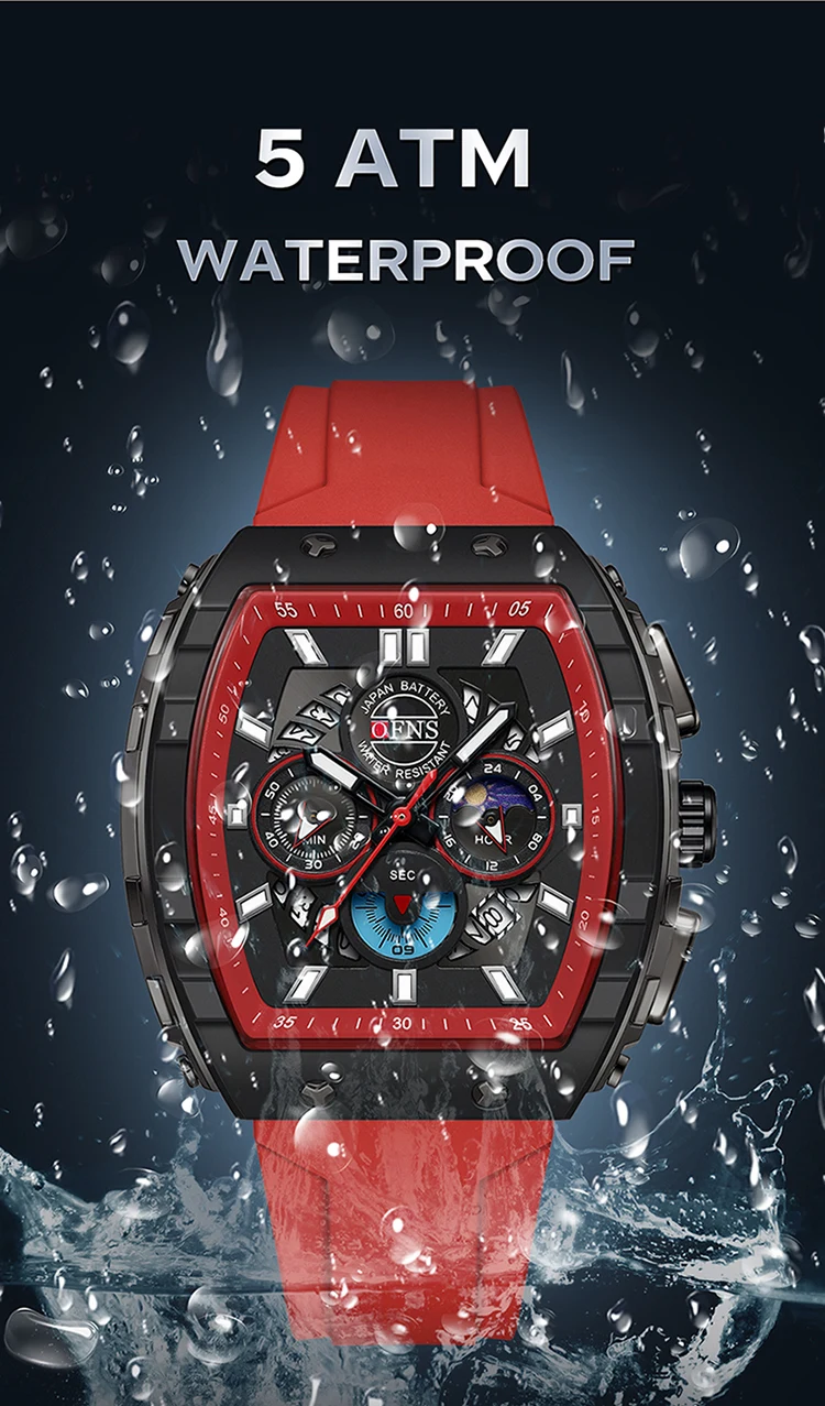 OFNS Fashion Quartz Watches for Man Luminous Waterproof Chronograph Calendar Silicone Strap Outdoor Luxury Sports Men Watch
