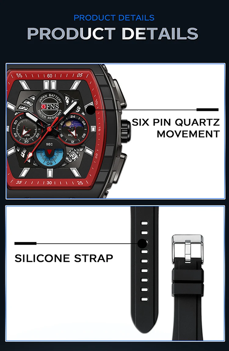 OFNS Fashion Quartz Watches for Man Luminous Waterproof Chronograph Calendar Silicone Strap Outdoor Luxury Sports Men Watch
