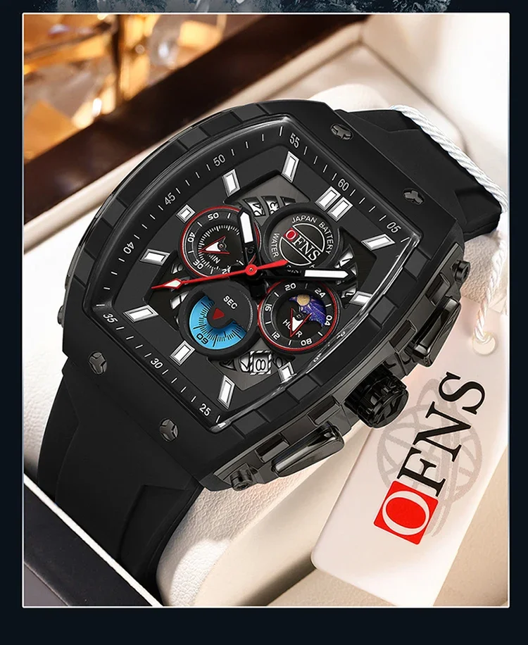 OFNS Fashion Quartz Watches for Man Luminous Waterproof Chronograph Calendar Silicone Strap Outdoor Luxury Sports Men Watch