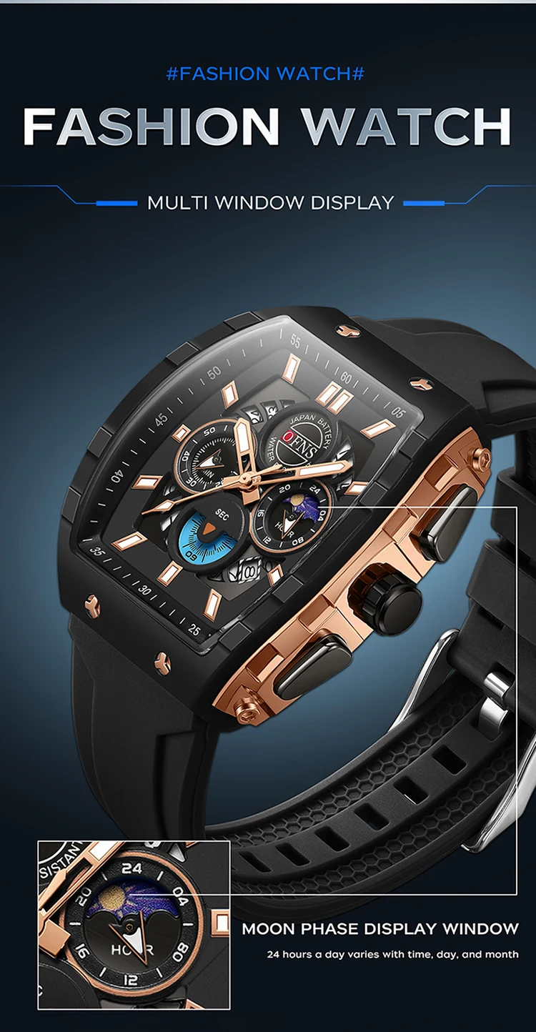 OFNS Fashion Quartz Watches for Man Luminous Waterproof Chronograph Calendar Silicone Strap Outdoor Luxury Sports Men Watch
