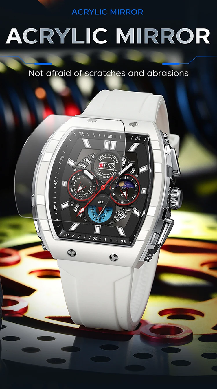 OFNS Fashion Quartz Watches for Man Luminous Waterproof Chronograph Calendar Silicone Strap Outdoor Luxury Sports Men Watch