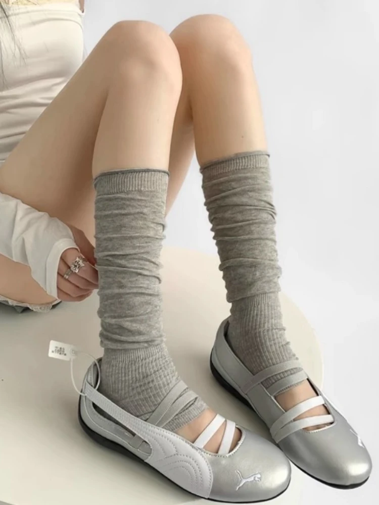 Thin Ruffled Edge Cotton Slouch Leg Warmers Women Ins Trendy Lolita Cos JK Style Ballet Solid Color Calf Stirrup Knee High Socks