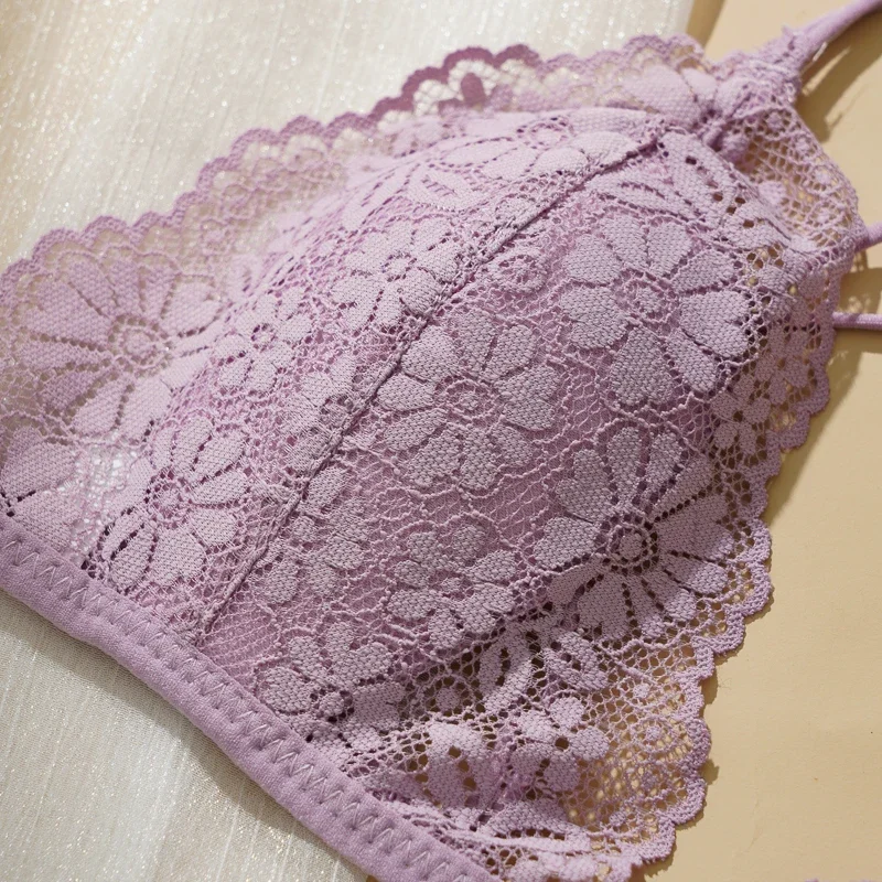 Women Ultra-thin Triangle Cup Lace Front Buckle No Wire Bra Beautiful Back Backless Adjustable Slim Straps Bra