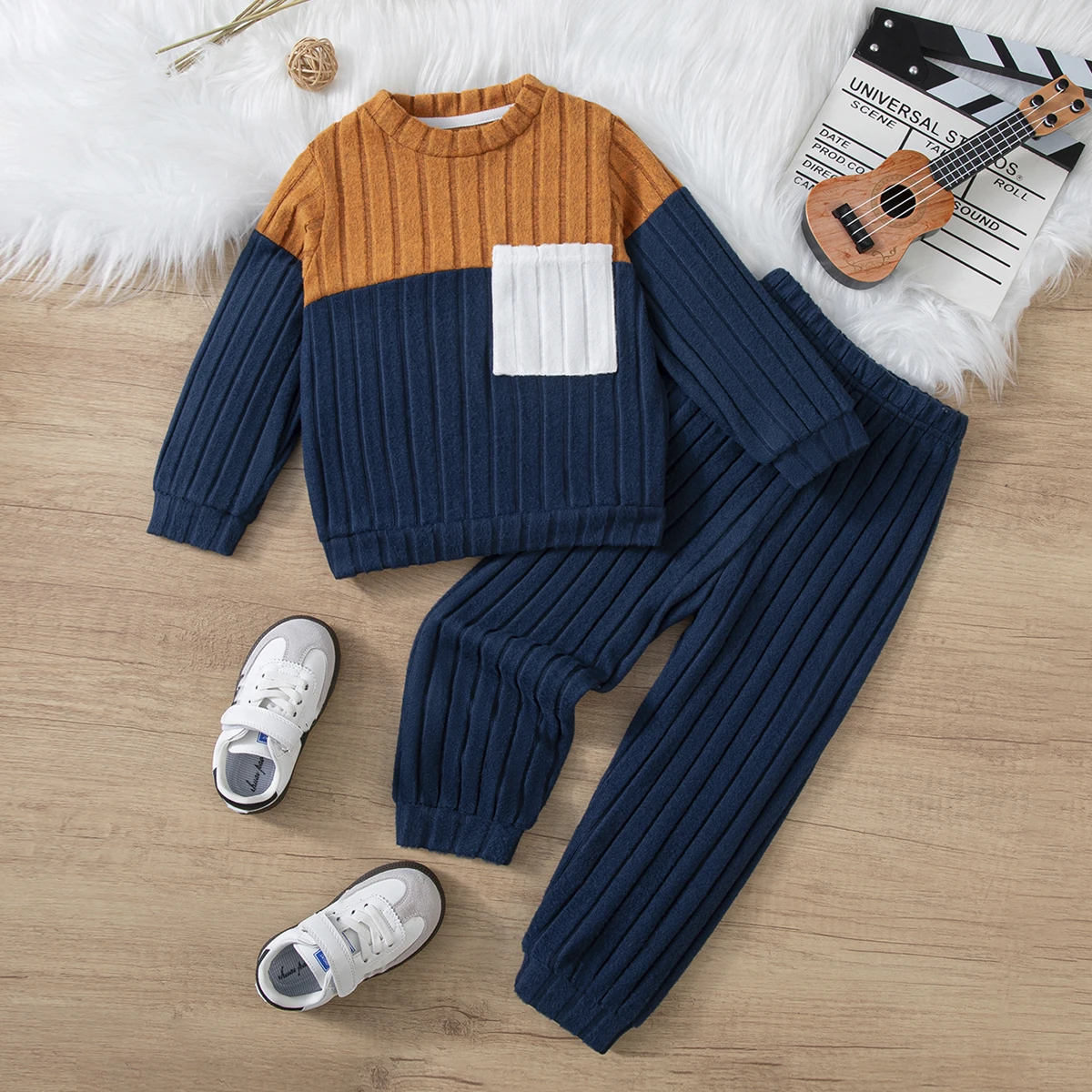 2025 Boys Autumn Winter Long Sleeve sweater suits Solid Color Block Pants Set Kids Outfit Casual Comfortable Clothing