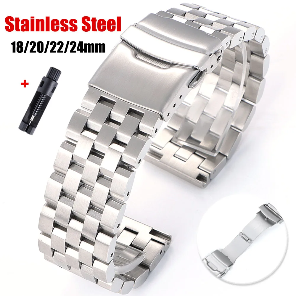 Solid Stainless Steel Strap 18mm 20mm 22mm 24mm 26mm Metal Bracelet Flat Interface Wristband SmartWatch Replacement Watch Band