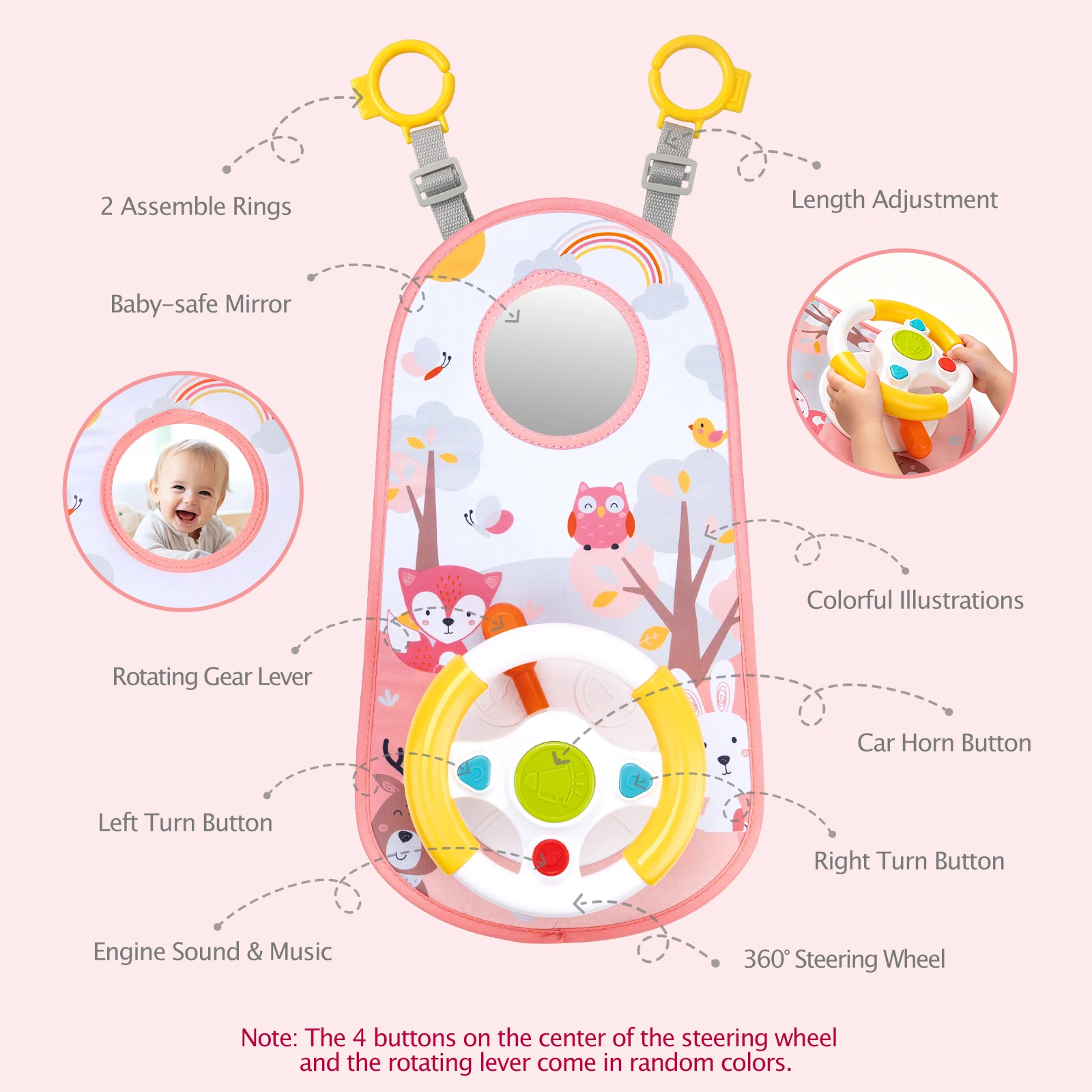 Baby Car Eletric Steering Wheel Toy with Music Simulate Driving Car Baby Seat Copilot Toys Hanging Toys for Todder 0-12M Gifts