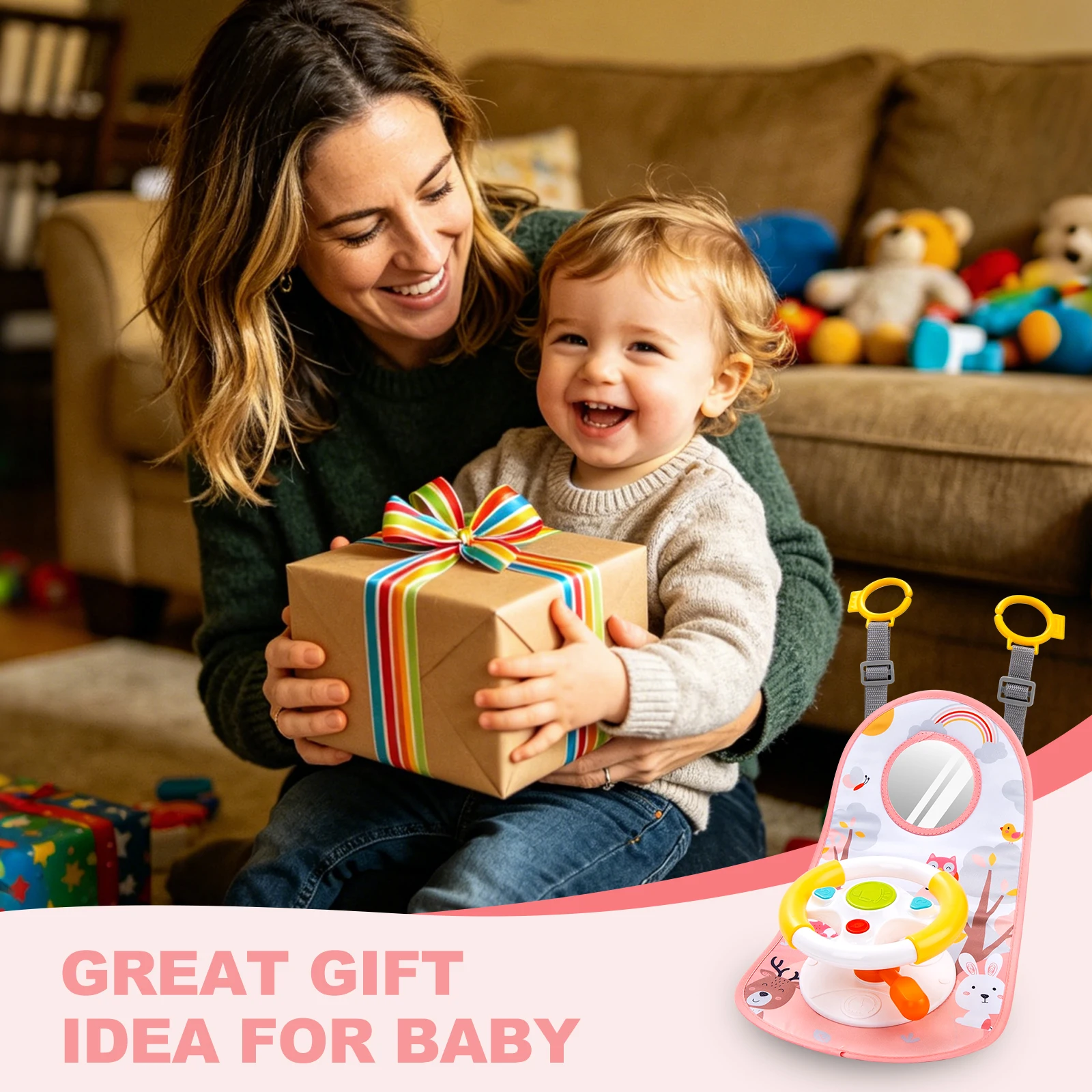 Baby Car Eletric Steering Wheel Toy with Music Simulate Driving Car Baby Seat Copilot Toys Hanging Toys for Todder 0-12M Gifts