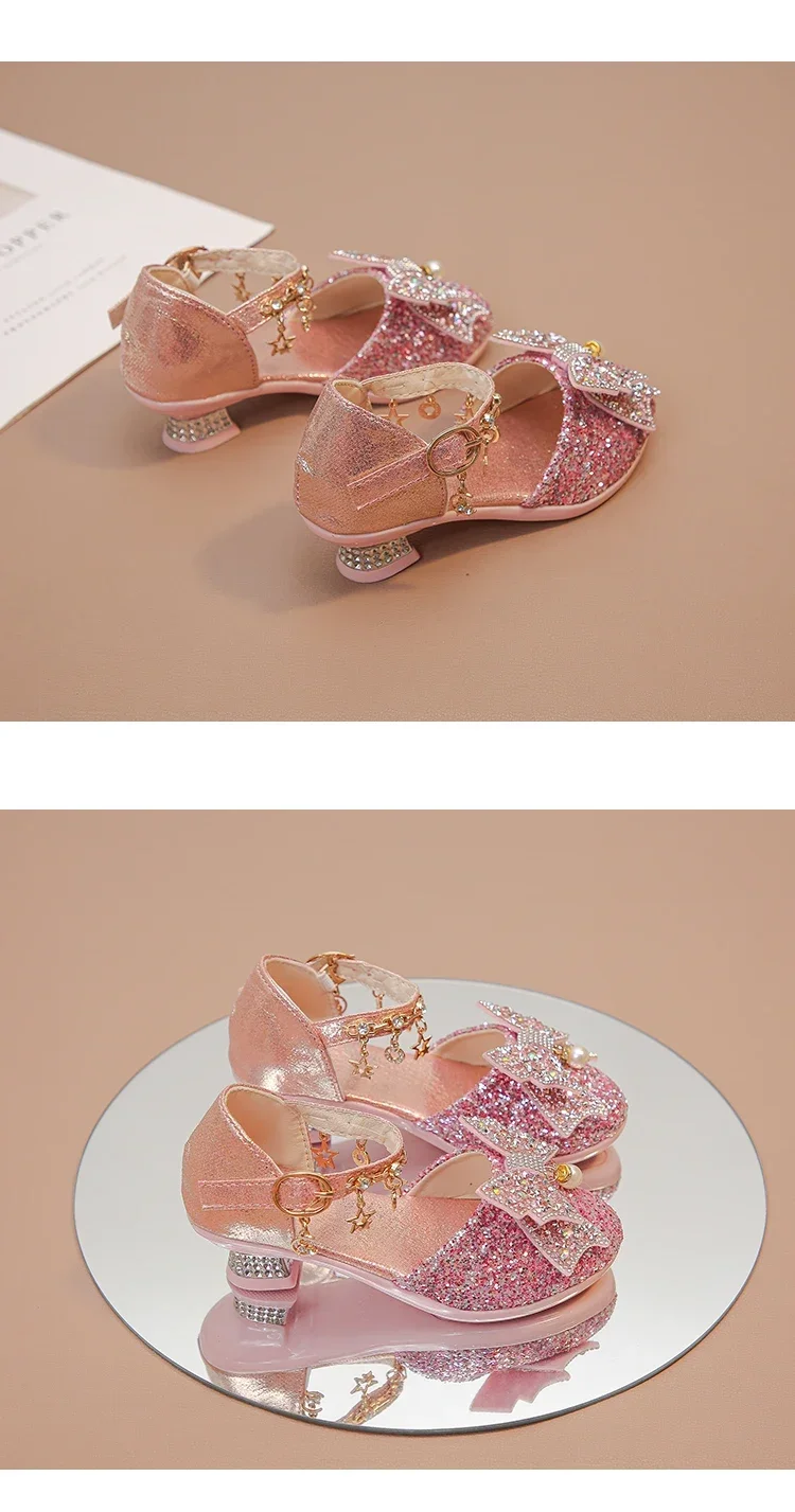 Girls High Heeled Leather Shoes High Heels for Wedding Party Glitter Rhinestone with Bow-knot Kids Dress Pendant Bling Sparkling