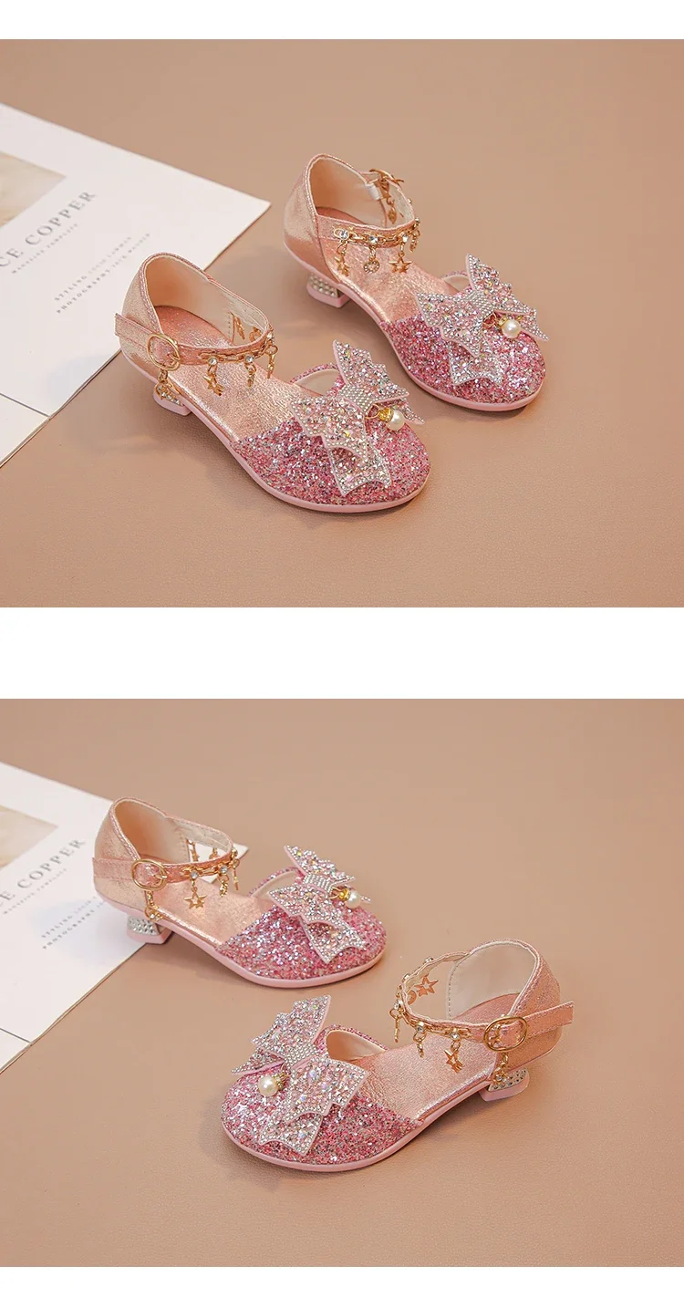 Girls High Heeled Leather Shoes High Heels for Wedding Party Glitter Rhinestone with Bow-knot Kids Dress Pendant Bling Sparkling