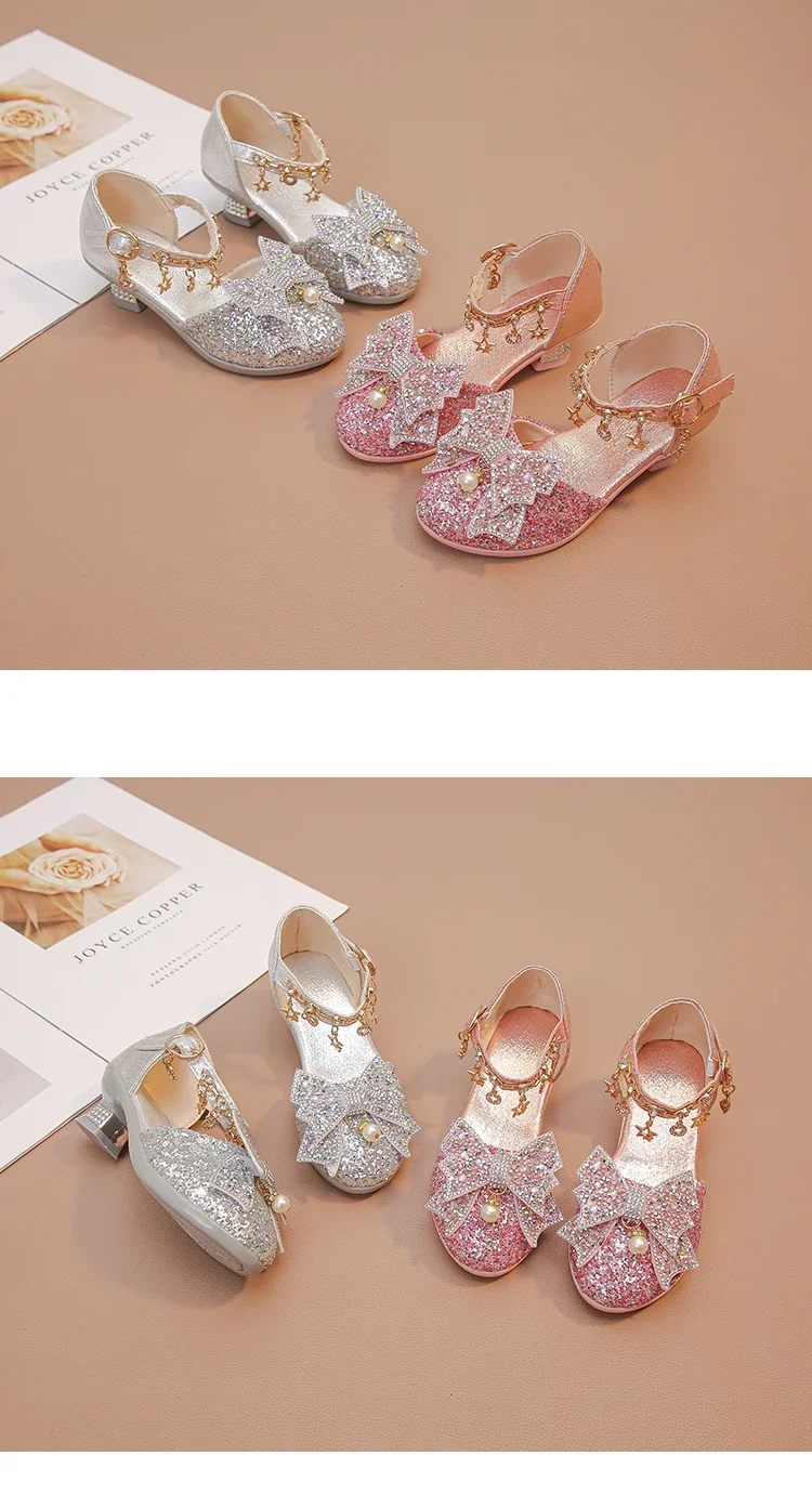 Girls High Heeled Leather Shoes High Heels for Wedding Party Glitter Rhinestone with Bow-knot Kids Dress Pendant Bling Sparkling