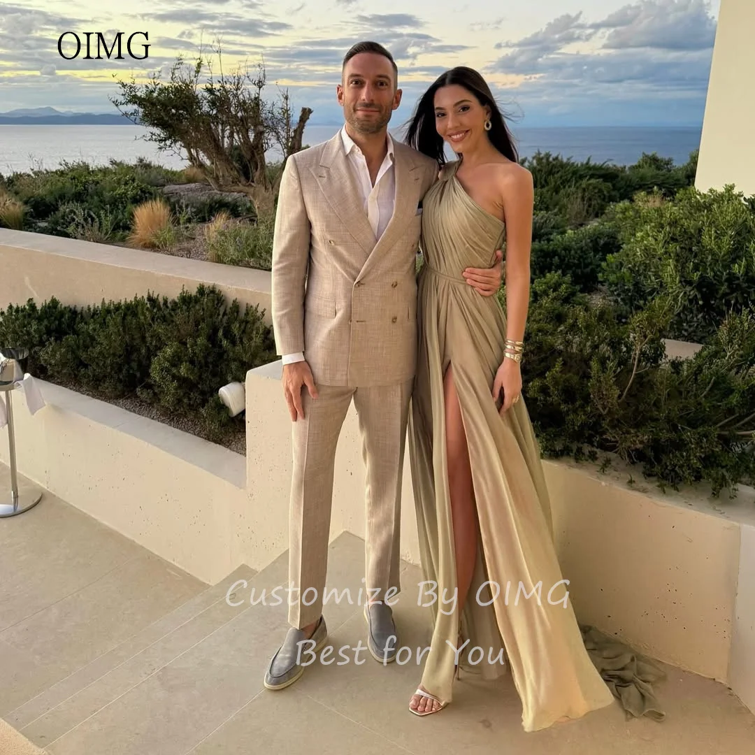 OIMG Airy khaki One Shoulder A Line Prom Gowns Backless Pleated Party Gown Side Slit Floor Length Evening Dress Customized