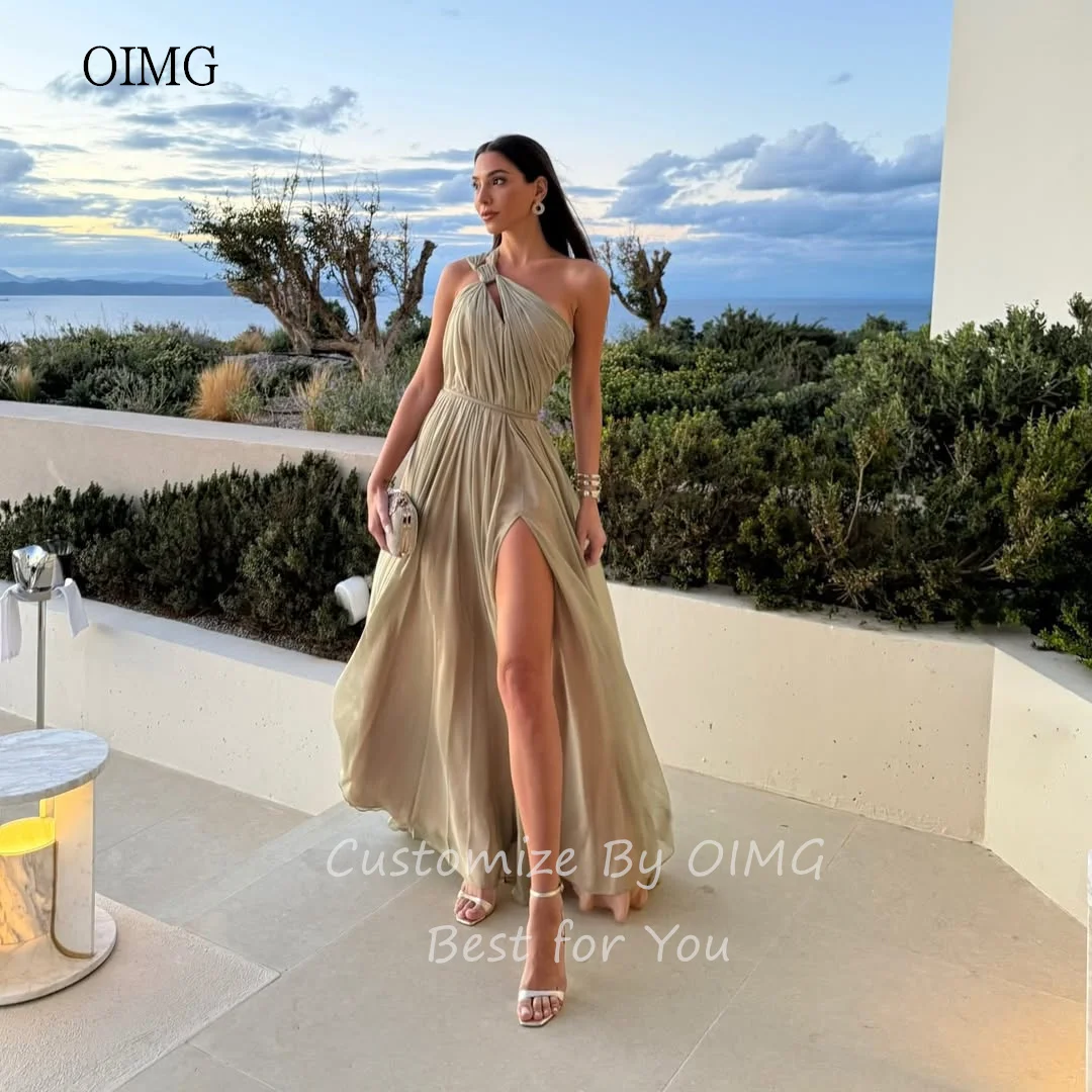 OIMG Airy khaki One Shoulder A Line Prom Gowns Backless Pleated Party Gown Side Slit Floor Length Evening Dress Customized