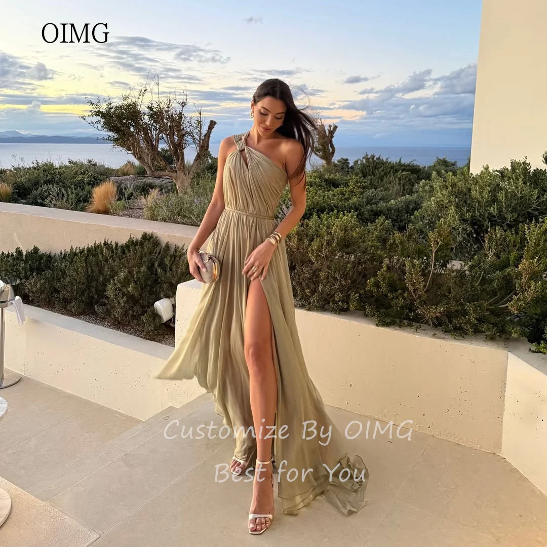 OIMG Airy khaki One Shoulder A Line Prom Gowns Backless Pleated Party Gown Side Slit Floor Length Evening Dress Customized
