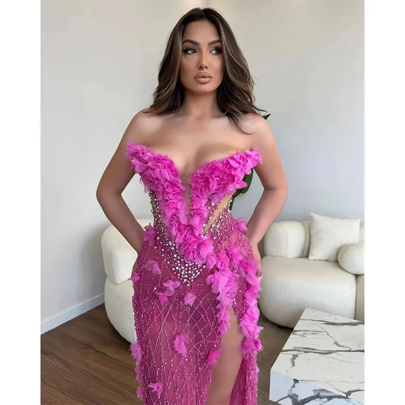 Customized Sexy Rosy Pink Prom Dresses V Neck Split Crystal Evening Dress Pearls Floral Formal Long Special Occasion Party Dress