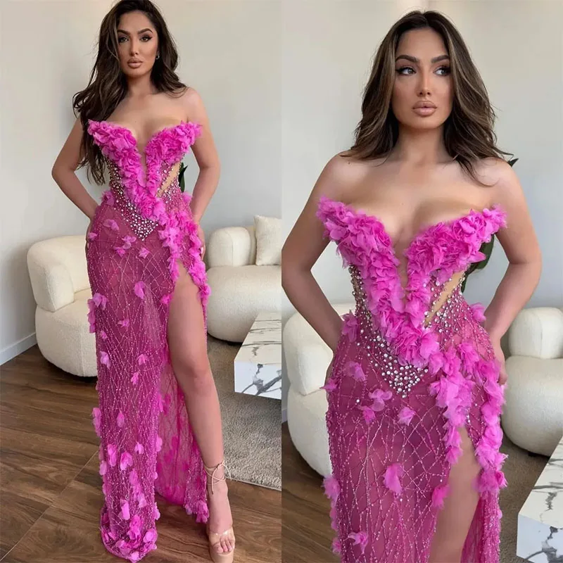 Customized Sexy Rosy Pink Prom Dresses V Neck Split Crystal Evening Dress Pearls Floral Formal Long Special Occasion Party Dress