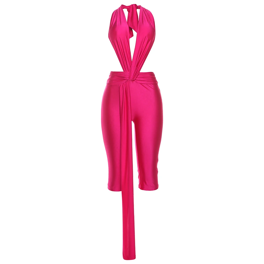 Weird Puss Ribbon Halter Romper Women Backless Patchwork Sleeveless Elastic Workout Activewear Midnight Activity Slim Playsuits
