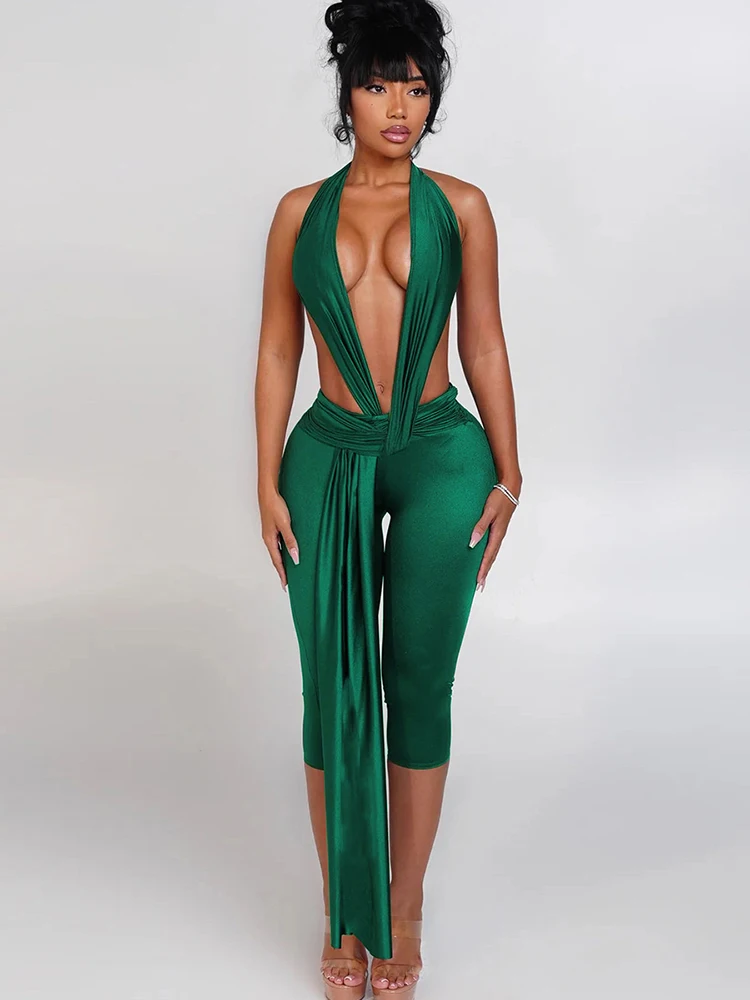 Weird Puss Ribbon Halter Romper Women Backless Patchwork Sleeveless Elastic Workout Activewear Midnight Activity Slim Playsuits