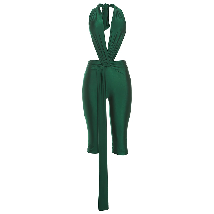 Weird Puss Ribbon Halter Romper Women Backless Patchwork Sleeveless Elastic Workout Activewear Midnight Activity Slim Playsuits