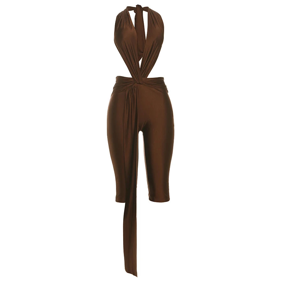 Weird Puss Ribbon Halter Romper Women Backless Patchwork Sleeveless Elastic Workout Activewear Midnight Activity Slim Playsuits