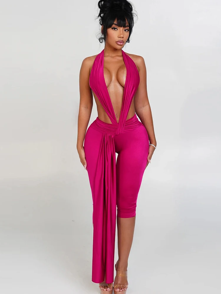 Weird Puss Ribbon Halter Romper Women Backless Patchwork Sleeveless Elastic Workout Activewear Midnight Activity Slim Playsuits