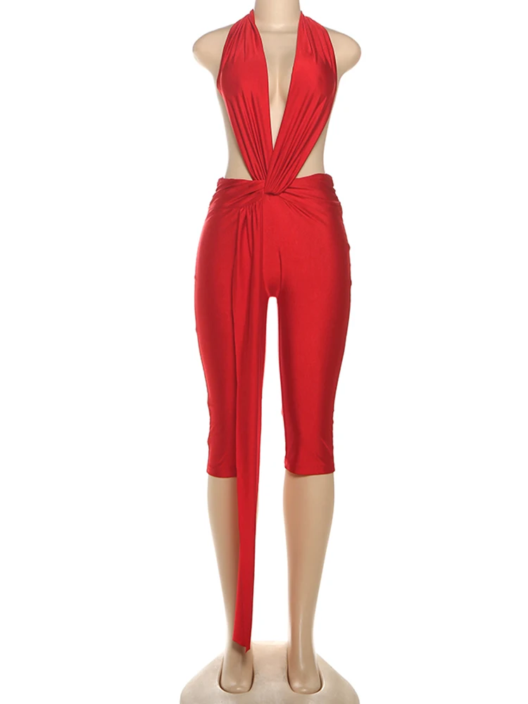 Weird Puss Ribbon Halter Romper Women Backless Patchwork Sleeveless Elastic Workout Activewear Midnight Activity Slim Playsuits