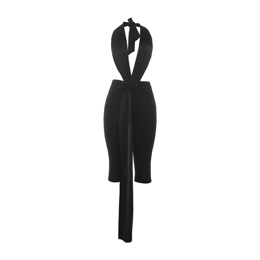 Weird Puss Ribbon Halter Romper Women Backless Patchwork Sleeveless Elastic Workout Activewear Midnight Activity Slim Playsuits