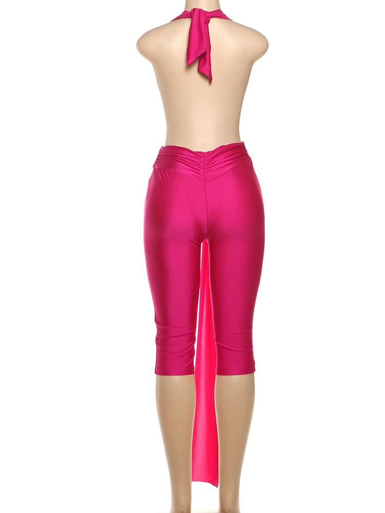Weird Puss Ribbon Halter Romper Women Backless Patchwork Sleeveless Elastic Workout Activewear Midnight Activity Slim Playsuits