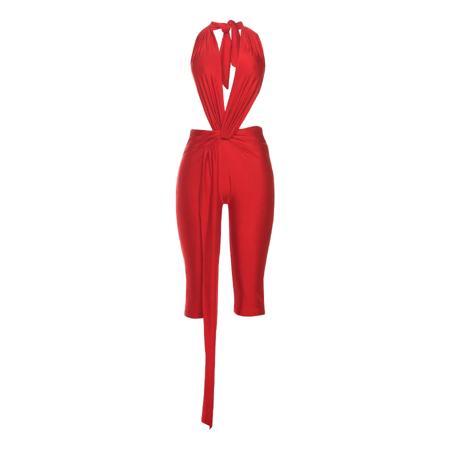 Weird Puss Ribbon Halter Romper Women Backless Patchwork Sleeveless Elastic Workout Activewear Midnight Activity Slim Playsuits