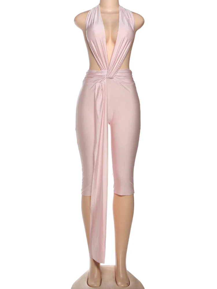 Weird Puss Ribbon Halter Romper Women Backless Patchwork Sleeveless Elastic Workout Activewear Midnight Activity Slim Playsuits