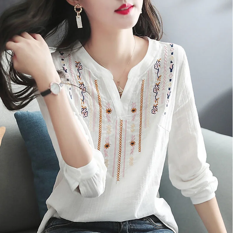 Women Spring Autumn White Blouses Tops Lady Casual Embroidery V-Neck Long Sleeve Vintage Loose Blusas Top DF4272