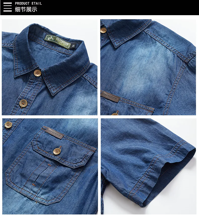 Men Multi pockets Denim Tooling Shirts New Summer Short Sleeve Blue Jeans Shirts High Quality Men Cotton Casual Shirts Size 5XL